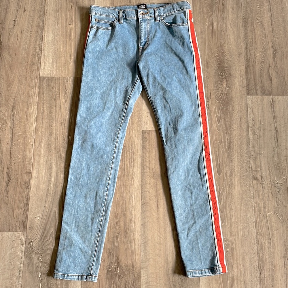 BDG Light Wash Skinny Stretch Jeans With Orange & White Stripe Down Both…